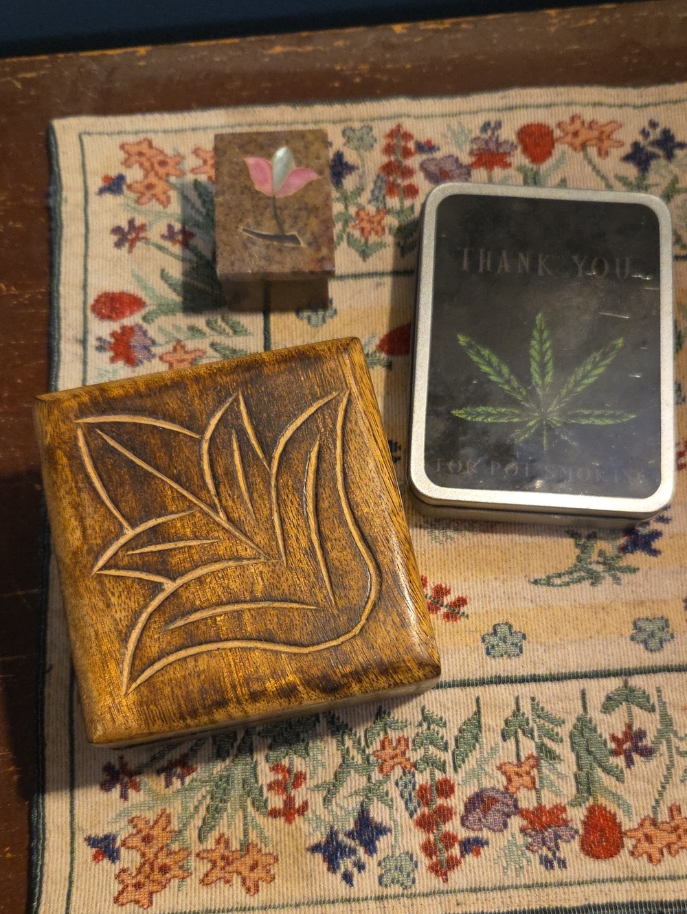 Hand-Carved Wooden Trinket Box - Tin, Stone
